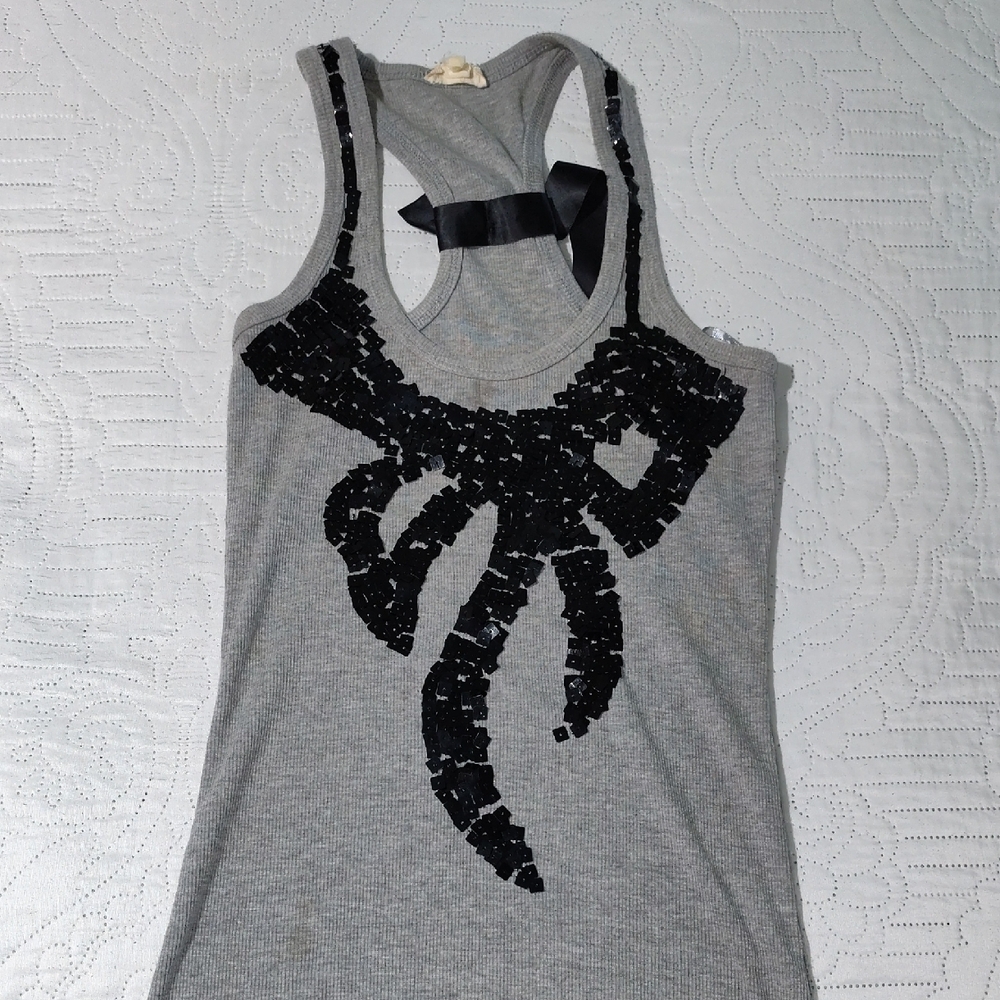 Grey Sequin Bow Racerback Tank Top